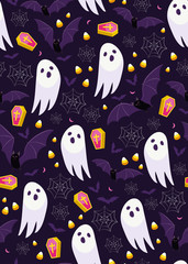 Halloween ghost seamless pattern on purple background. Cute halloween ghost and decoration pattern background. Halloween theme design vector illustration