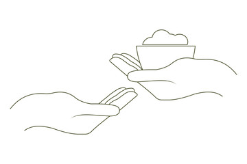 Hand gives food to another hand. Donate food concept. Line art on white background.