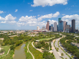 Fototapeta na wymiar Aerial and panorama view of downtown Houston skyline in a beautiful day (with blue sky and white cloud)