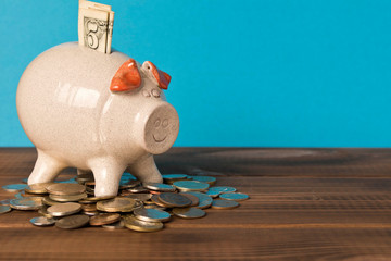 Piggy Bank and a few coins on the wooden table. Close up. The concept of saving money. Selective focus.