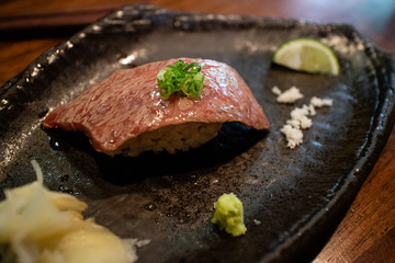 Detailed shot of nikuzushi in high-class Japanese restaurant