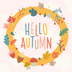 hand drawn vector autumn square banner template with cute scandinavian style illustrations of autumn symbols and handwritten letters. Fall colors background with oak and maple leaves, berries.