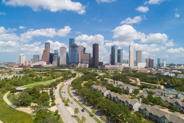 Aerial and panorama view of downtown Houston skyline in a beautiful day (with blue sky and white cloud)