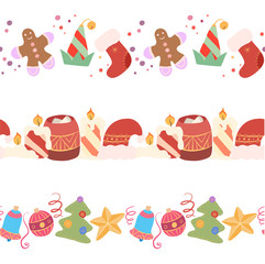 Set of seamless festive borders. Frame with candles, santa and elf wardrobe, christmas tree, decoration and confetti. The object is separate from the background. Christmas element for your creativity