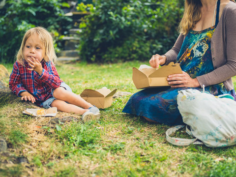 Mother and toddler enjoying picnic in the park