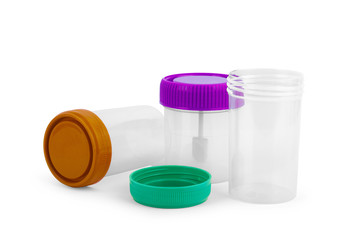 empty plastic jar with a green lid for medical tests and material collection, on a white background. The concept of medicine, laboratory research