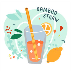 Hand drawn cocktail with eco natural bamboo straw. Ecological lifestyle, zero waste and plastic free. Trendy cartoon style. Wooden straw on background with doodles, good for print poster, banner or st