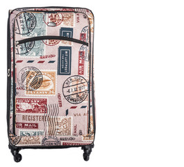 Colorful travel suitcase on white background isolated. Travel symbols printed on the travel bag