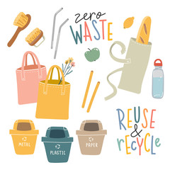 Collection of hand drawn zero waste elements and lettering quotes. Ecological lifestyle vector illustrations in modern trendy flat cartoon style. Reusable bags, brushes and bottle, isolated on white.