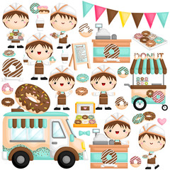 A Vector of Cute Little Boy Selling and Serving Donut in Various Poses with Other Items