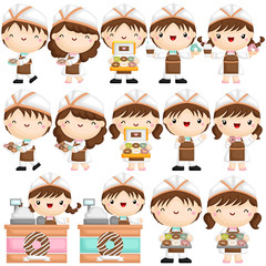 A Vector of Cute Little Boy and Girl Selling and Serving Donut in Various Poses