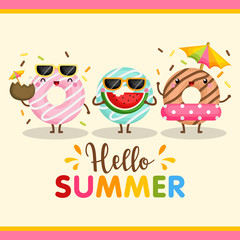 Naklejka premium A Cute Card Vector of Colorful Donut using Summer Items Happily