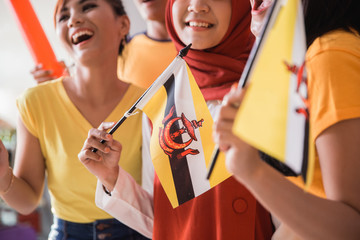 young asian women fans supporter of brunei team football - obrazy, fototapety, plakaty