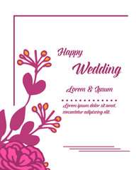 Greeting card happy wedding, cute wreath frame design, isolated on a white backdrop. Vector