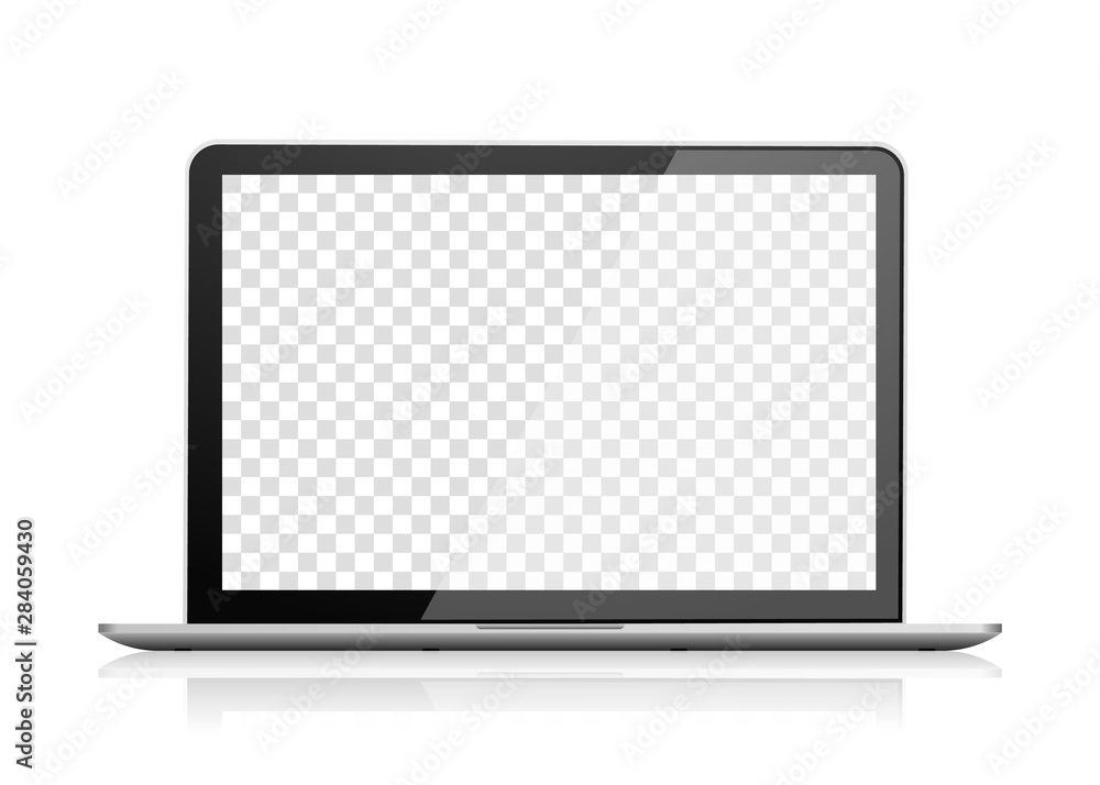 Poster realistic laptop front view. notebook computer with empty screen. portable pc blank screen. transpar