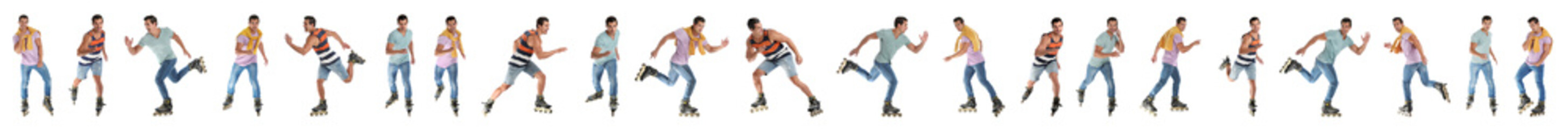 Collage of handsome young man with inline roller skates on white background. Banner design
