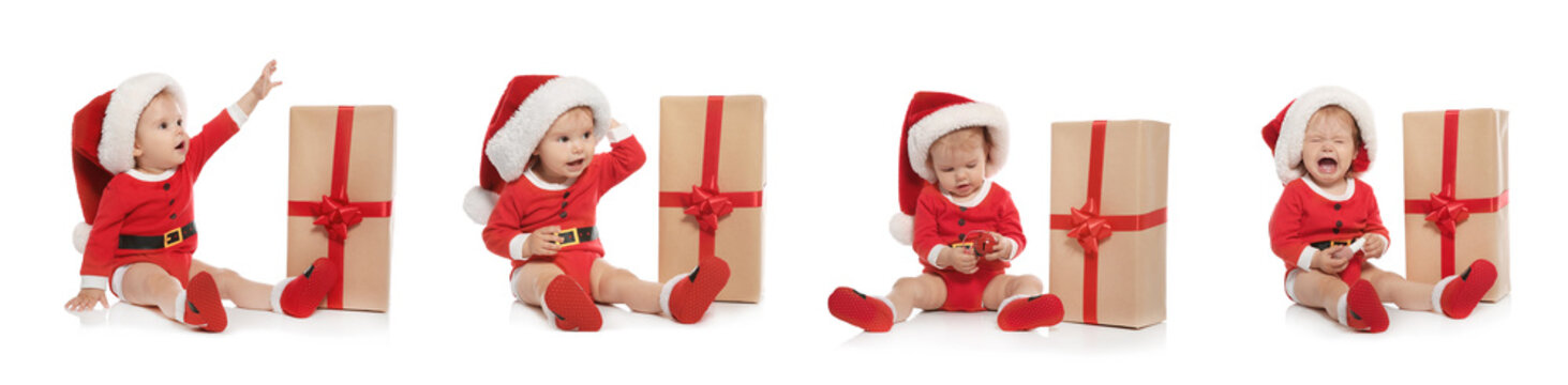 Set of cute little baby in Christmas costume and gift on white background. Banner design