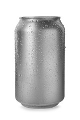 Aluminum can of beverage covered with water drops on white background. Space for design