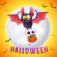 Halloween lettering and bat carrying cauldron with sweets. Invitation or advertising design. Typed text, calligraphy. For leaflets, brochures, invitations, posters or banners.