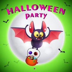 Halloween Party lettering and bat carrying cauldron with sweets. Invitation or advertising design. Typed text, calligraphy. For leaflets, brochures, invitations, posters or banners.