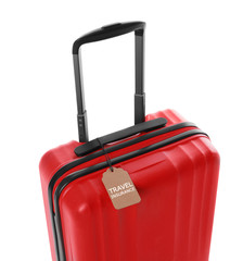 Red suitcase with TRAVEL INSURANCE label on white background