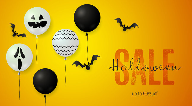 Halloween Sale lettering with scary balloons and bats. Invitation or advertising design. Handwritten and typed text, calligraphy. For leaflets, brochures, invitations, posters or banners.