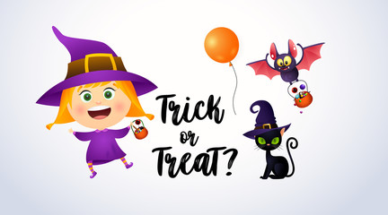 Trick or Treat lettering with girl wearing witch costume and cat. Halloween party invitation or advertising design. Handwritten text, calligraphy. For leaflets, brochures, posters or banners.