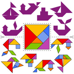 Set of vector tangram puzzles (geometric puzzle) for the development of logical thinking of children and adults. Water transport. Collection of 6 ships and answer card. Vector illustration