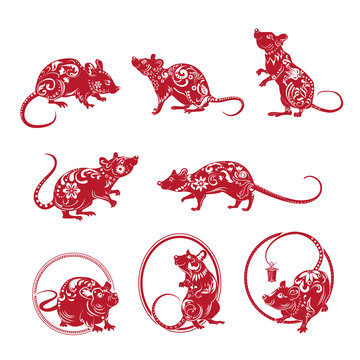 Red ornate rat set. Symbol of year, ornament, actions, ring. New Year concept. Isolated vector illustrations can be used for greeting cards, festive design, decoration
