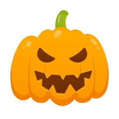 Orange halloween pumpkin with scary face expression grimace flat style design vector illustration isolated on white background.
