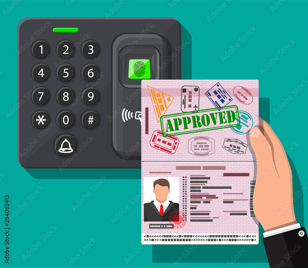 Poster password and fingerprint security device at office or home door. hand with passport. access control 