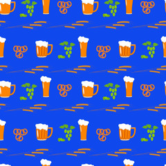 Seamless vector background of beer glass and beer mug, wheat ear and hops flowers on blue background