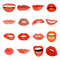 Female lips set on sweet passion. Lip design element lust makeup mouth. Vector print cosmetic sensuality desire tongue out. Smile woman red sexy doodle lips