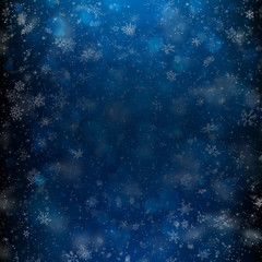 Fototapeta na wymiar Fallen defocused light and snowflakes. Winter dark background template. EPS 10