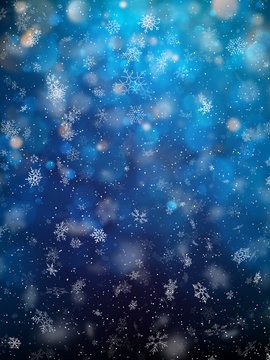 Fallen defocused light and snowflakes. Winter dark background template. EPS 10