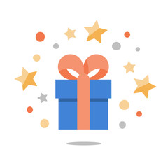 Present box with ribbon, shining gift with stars, surprising big gift, reward program, special prize
