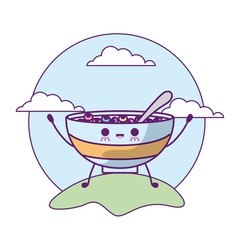 dish with cereal in landscape kawaii style