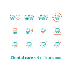 Teeth braces, dental care, stomatology services, cleaning and whitening, implant and crown, protection concept, line icons