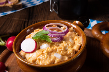 rustic Bavarian obazda with radishes and onions