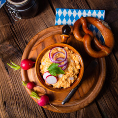 rustic Bavarian obazda with radishes and onions