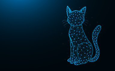 Cat low poly design, animal abstract geometric image, pet wireframe mesh polygonal vector illustration made from points and lines on dark blue background