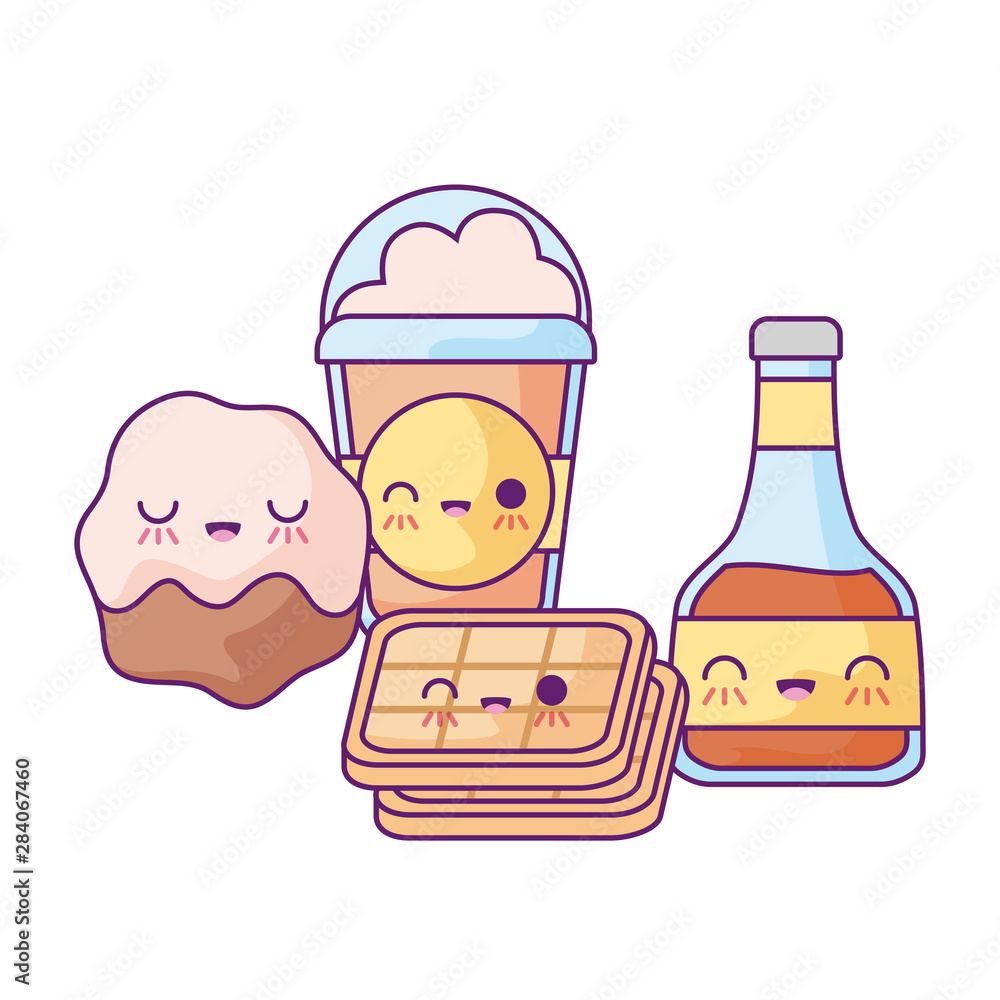 Sticker honey with waffle and set food kawaii style