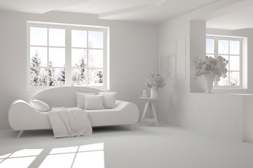 Mock up of stylish room in white color with sofa. Scandinavian interior design. 3D illustration