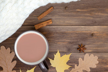 Cocoa in brown cup, frame from spices, sweater, autumn leaves on wooden background. Recipe, hot beverage concept. Top view, flat lay, copy space, mock up, layout design