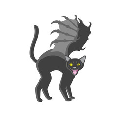 Halloween black cat with wings. Design element icon emblem. Vector image.