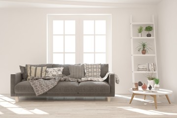 Stylish room in white color with sofa. Scandinavian interior design. 3D illustration