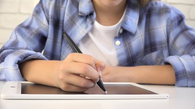 Child Studying on Tablet, Girl Writing in School Class, Learning Doing Homework
