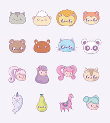 set cute animals with girls and fruit kawaii style