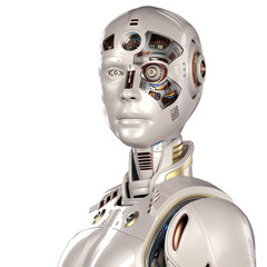 portrait of futuristic robot man or very detailed android cyborg with some uncovered parts on his face showing the internal head and its various metallic components. Isolated on white. 3D render