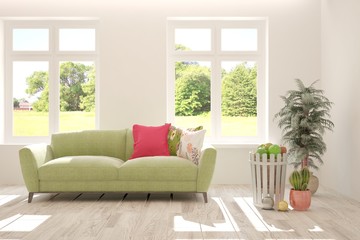 Stylish room in white color with sofa and summer landscape in window. Scandinavian interior design. 3D illustration